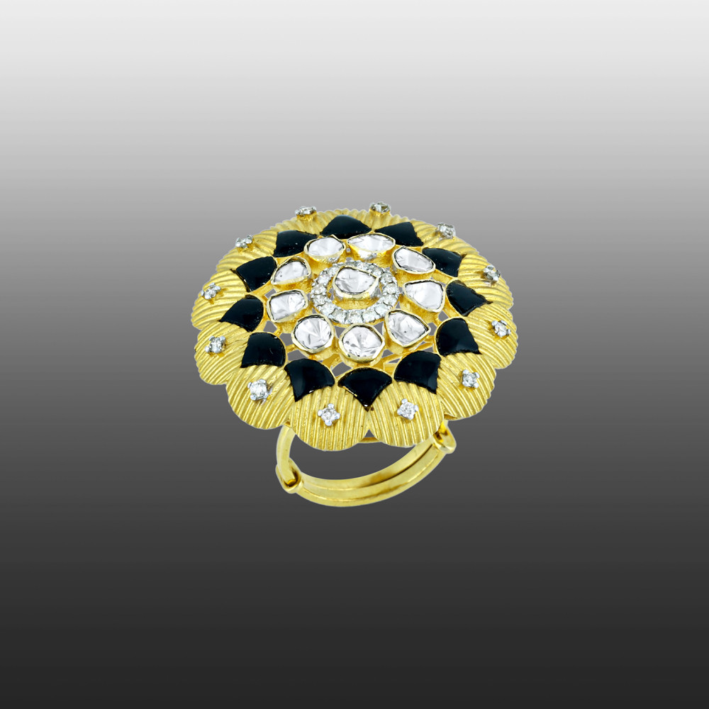 Polki Ring with Black Enamel, Gold Detailing, and Diamonds